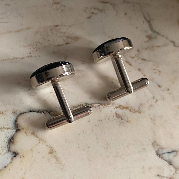 MADMEN Black Silk Silver Modern GQ Cufflinks NEW MidCentury mcm Geometric design - Picture 3 of 4